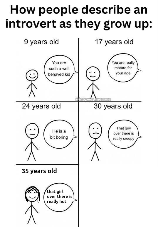 A 5 panel comic.
Watermaked with `@introvertmemes` (presumably original creator).

Title: "How people describe an introvert as they grow up"
Each panel show a stick figure with a bubble of speech entering from an unseen person on the right.

9 years old
figure is small and has a big smile
"You are such a well behaved kid"

17 years old
Figure is almost fully gown and has a slight smile
"You are really mature for your age"

24 years old:
Figure is full sized and has a neutral face.
"He is a bit boring"

30 years old:
figure is full gown and has a sad face.
"That guy over there is really creepy"

final panel in obviously different font etc because it is my addition:
35 years old
Figure is fully gown, and now has long hair and is smiling.
"That girl over there is really hot".