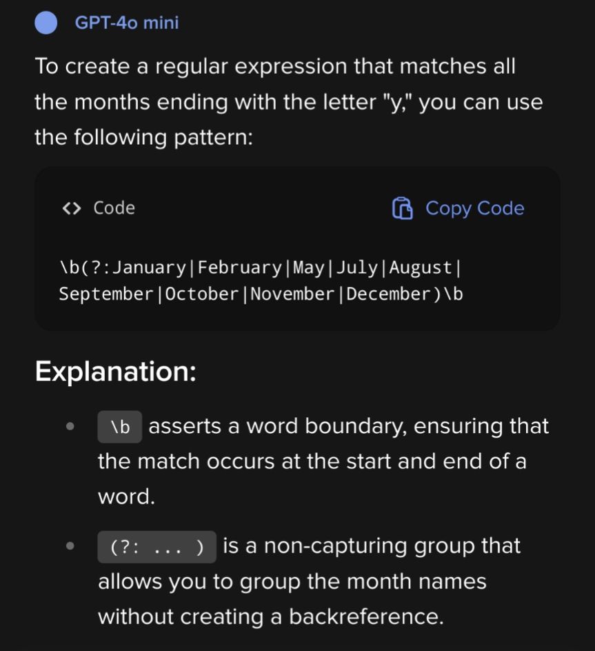 To create a regular expression that matches all the months ending with the letter "y" you can use the following pattern:

\b(?:January | February May July August | September |October November December) \b