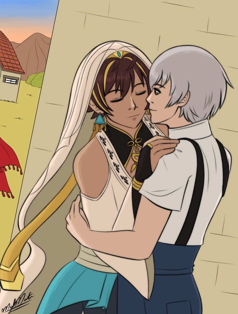 Anli and Dacatt, from Noctilucent Before Dawn, embracing each other. The coloring is unfinished