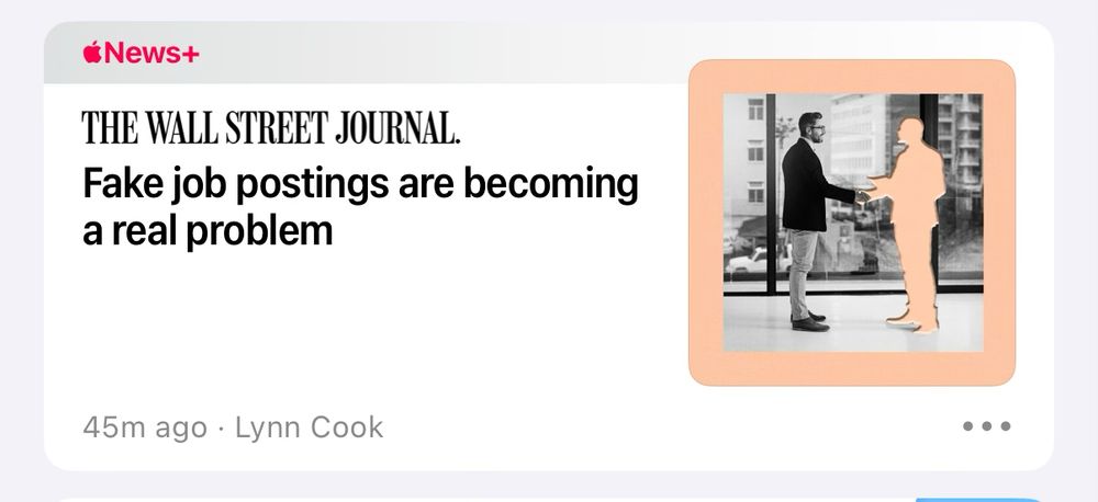 Sceeenshor from Apple News showing a WSJ story right now that was published on the 12th. The timestamp on it is “45m ago.” (It’s not a time-sensitive story)