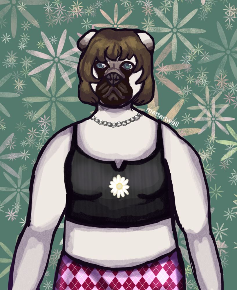 An anthropomorphic pug girl wearing a shirt with a flower on it and a pink patterned skirt. She is wearing a chain necklace as well, and her hair is a brown bob.