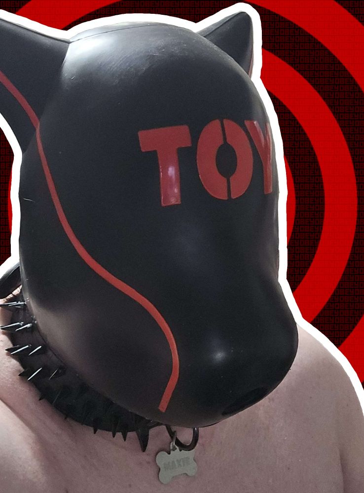 Image of person in Pupdrone silicone hood made by Furrjoi with the words "TOY" written in capitals across where the eyes should be. In the background there are congruent circles with the text "Obey" very faintly placed in the background.