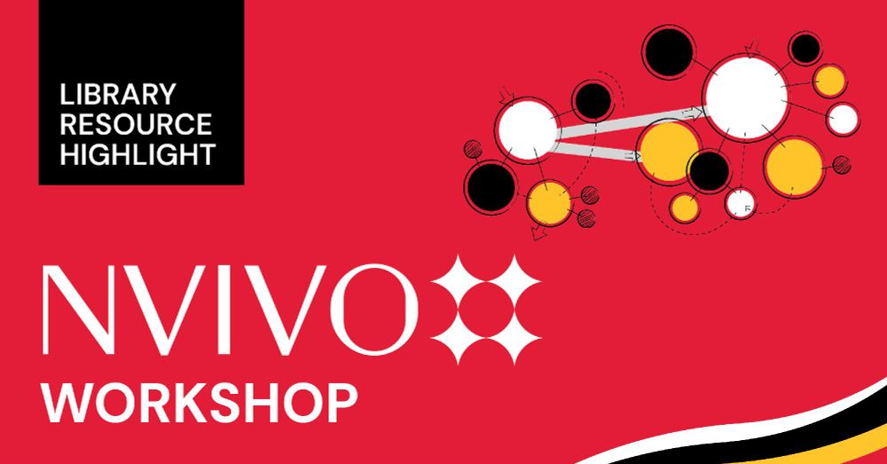 Promotional graphic for NVivo Workshop featuring abstract circular designs in white, black, and yellow on a red background, alongside text "Library Resource Highlight" in a black sidebar.