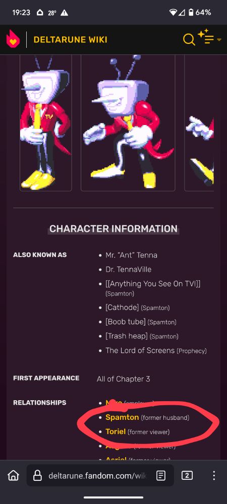Deltarune wiki entry for Tenna with Spamton listed as "former husband"