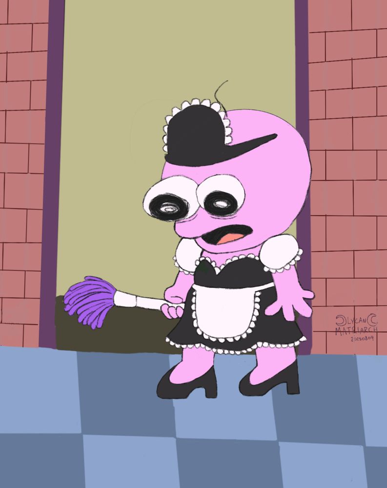 Pim Pimling from Smiling Friends in the Spongebob maid outfit and holding a duster.