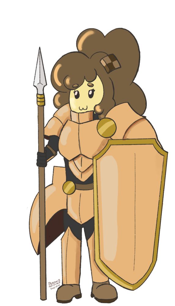 Dizzybelle in orange armor with bronze detailing and a wooden spear 
