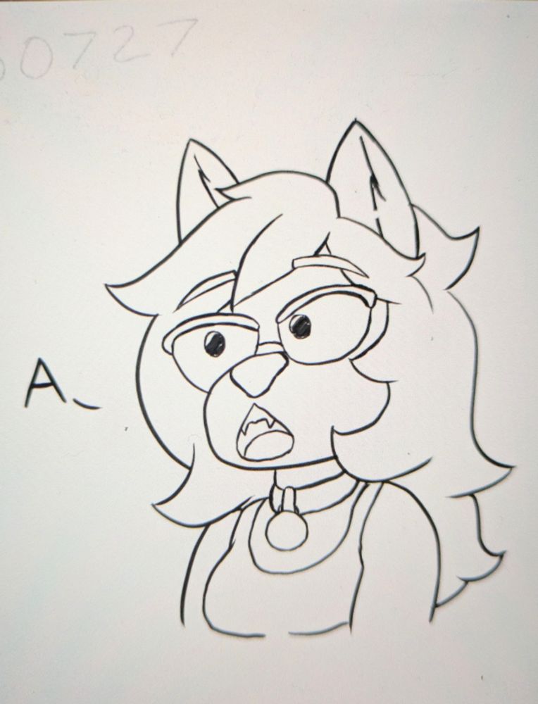 Anthro wolf in a tanktop, collar, and glasses looking with an open mouth "A"