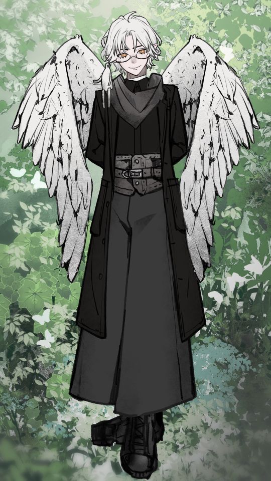 a picrew character i created. white hair, glasses, angel wings, and a black loose outfit with a thick belt and black scarf. forest backdrop 
