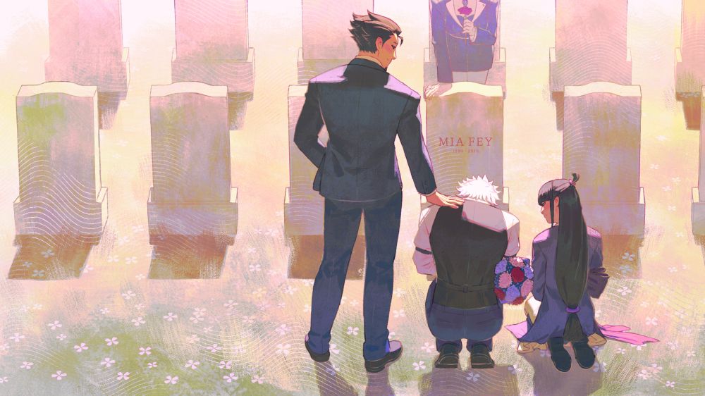 an illustration featuring characters from Ace Attorney: set after the timeskip and after Diego Armando has been released from prison, He along with Phoenix Wright and Maya Fey are at a graveyard during the daytime, in front of Mia Fey's grave, all of them viewed from the back. Diego is crouched and bent over, curling his body in on himself and implied to be sobbing, holding a bouquet for Mia with white chrysanthemums, blue hydrangeas, red carnations, and forget-me-nots. to his left, Phoenix stands next to him with a hand on Diego's shoulder, comforting him and looking at him a sympathetic smile. to Diego's right, Maya is sitting close to him in a square kneel, also turning her head to gently smile at Diego. behind Mia's grave, her spirit leans over the back of it, propping her self up on it with one hand, while her other hand hold's a red carnation; her face is not visible, but a symbol of her love is.