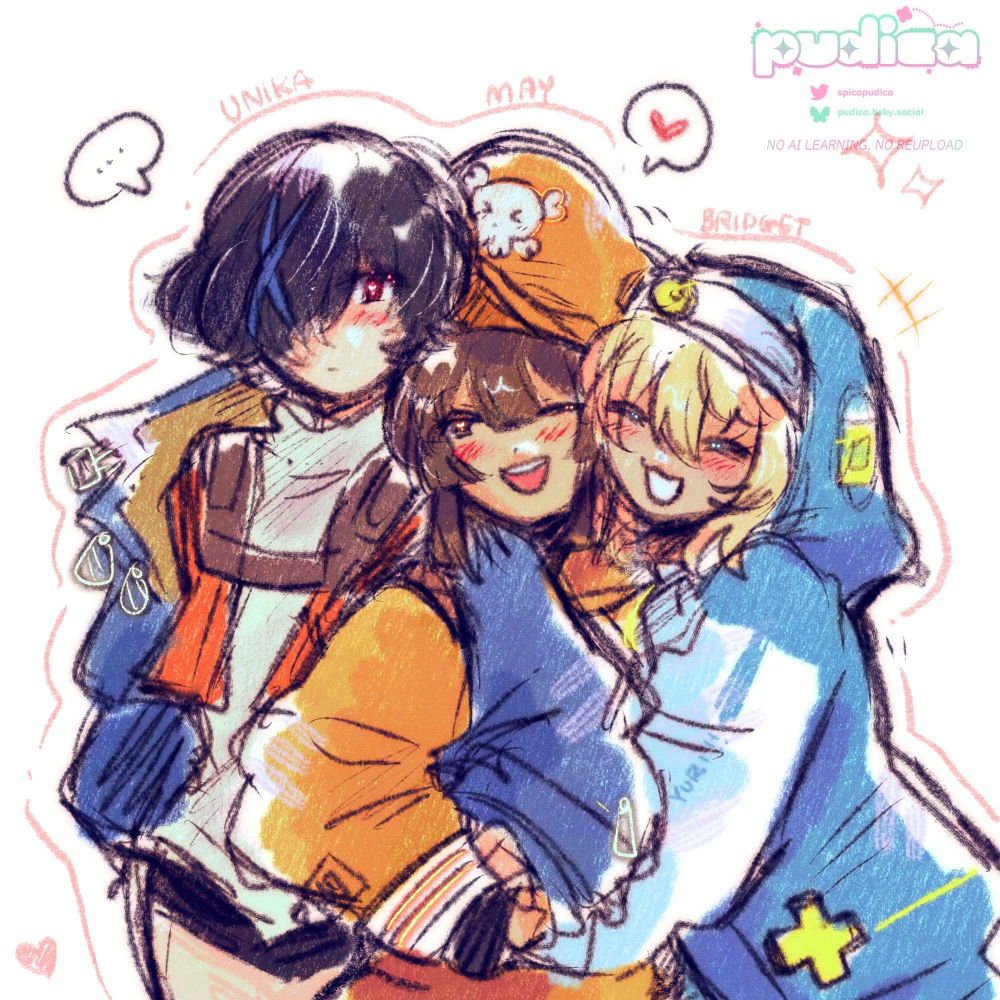 colored sketch of unika, may, and bridget from guilty gear strive (dual rulers). unika and may are holding hands and bridget is hugging may