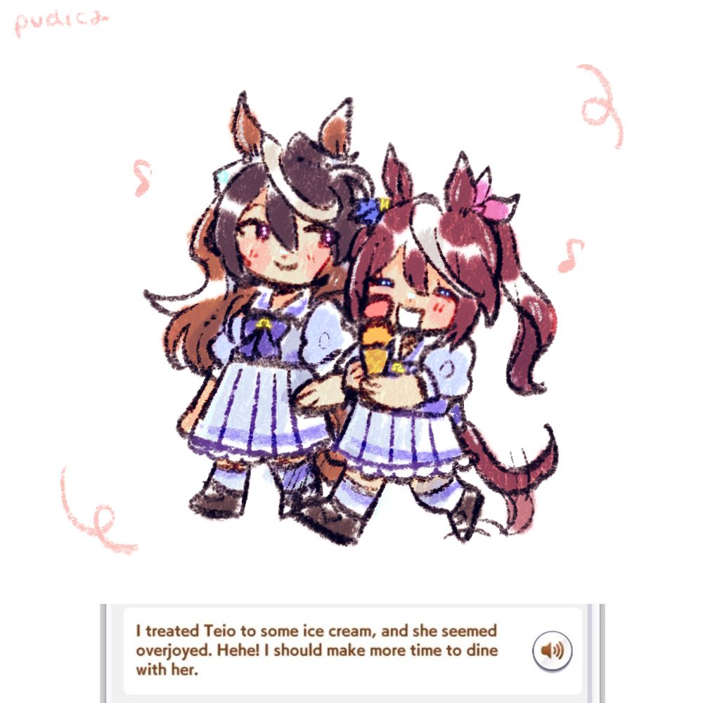 chibi artwork of symboli rudolf and tokai teio in their summer tracen uniforms. they're walking side by side, teio holding a double scoop ice cream and smiling (with her tail wagging). the bottom text is a screenshot from the game from symboli rudolf: "I treated Teio to some ice cream, and she seemed overjoyed. I should make more time to dine with her."