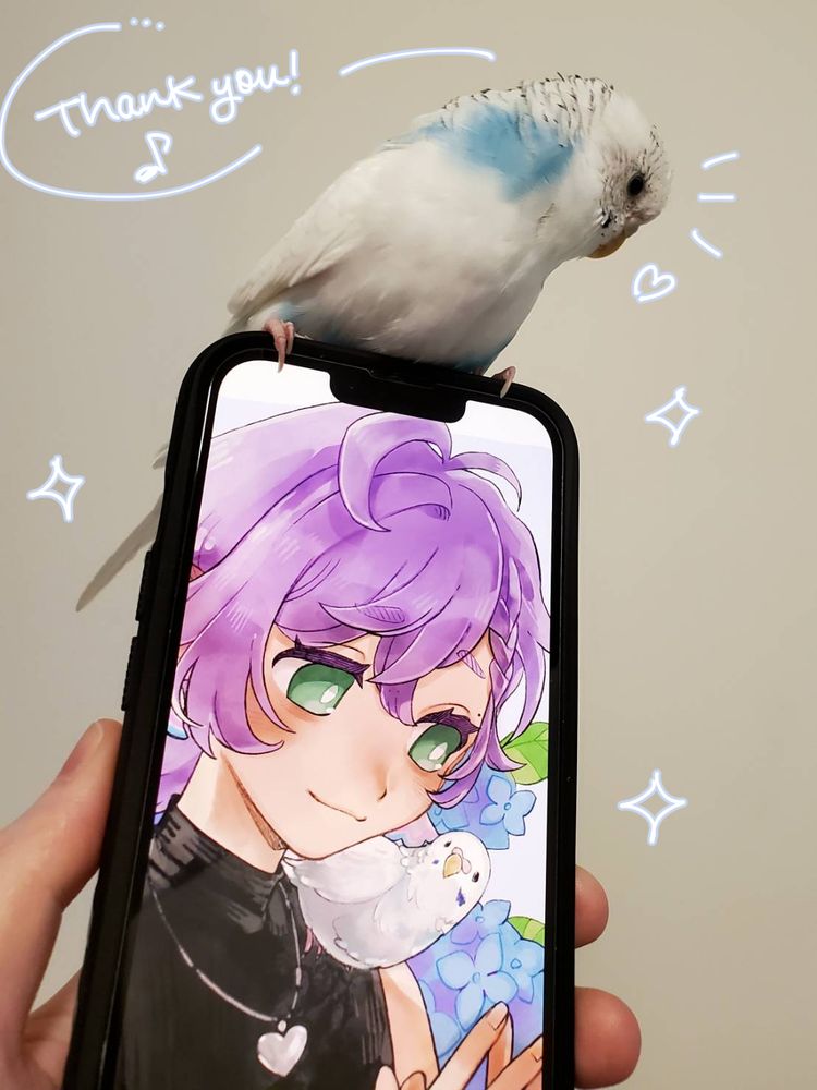 A photograph of a phone with my pet budgie perched on top. The screen of the phone shows my commission from pon, the OP, of my sona and budgie.