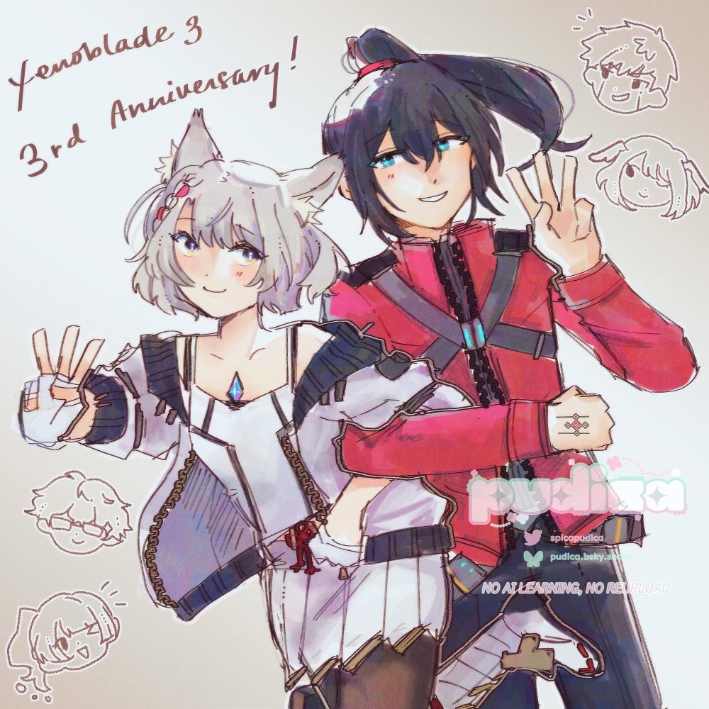 fanart of mio and noah from xenoblade chronicles 3. they've linked arms and are smiling together as they hold up three fingers.