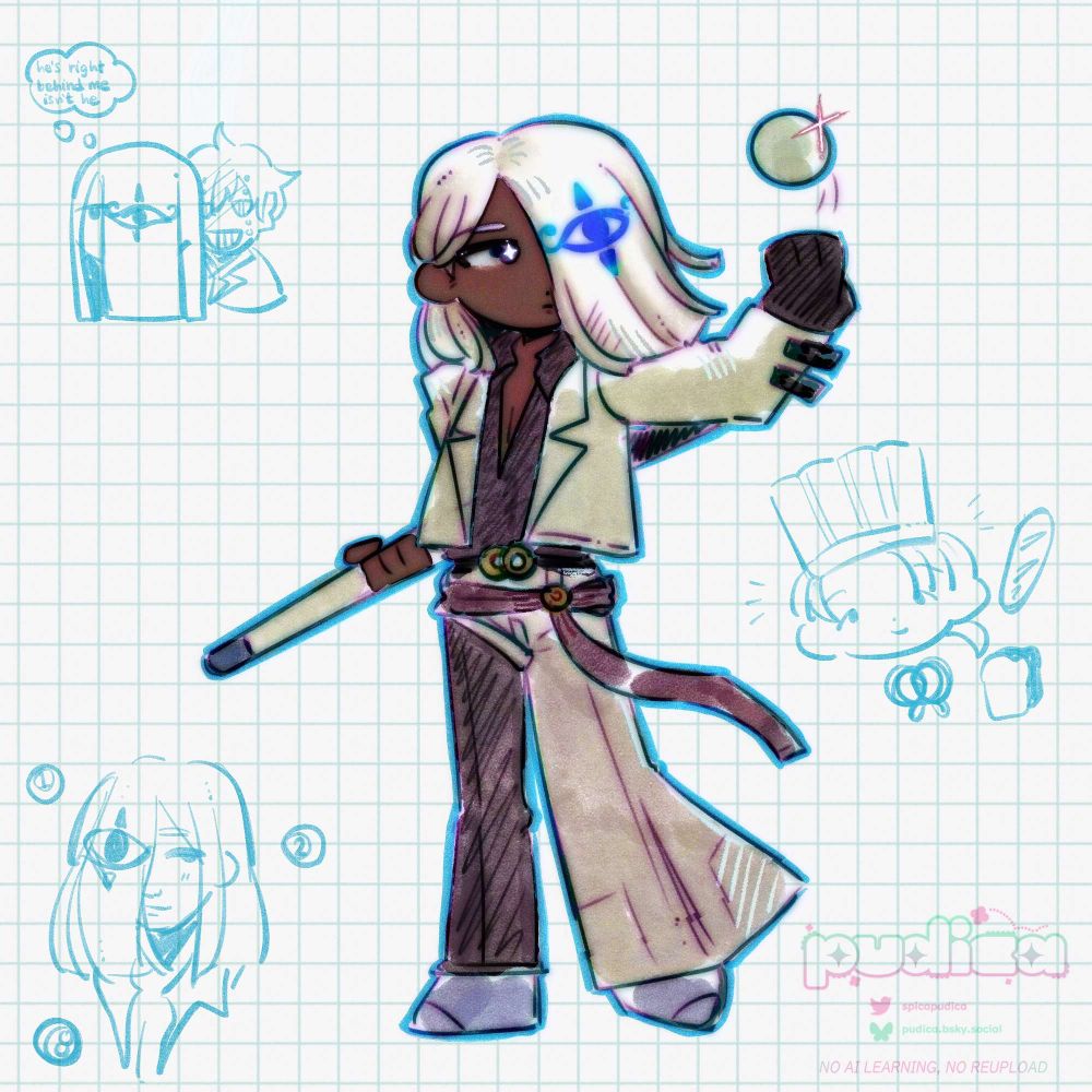 "long chibi" artwork of venom from guilty gear strive against a graph paper background. he is throwing a white cue ball in the air. 
the doodles on the side: robo-ky standing behind venom, with venom's though bubble reading "he's right behind me isn't he", venom's baker outfit with various baked goods, and a headshot of him smiling warmly.