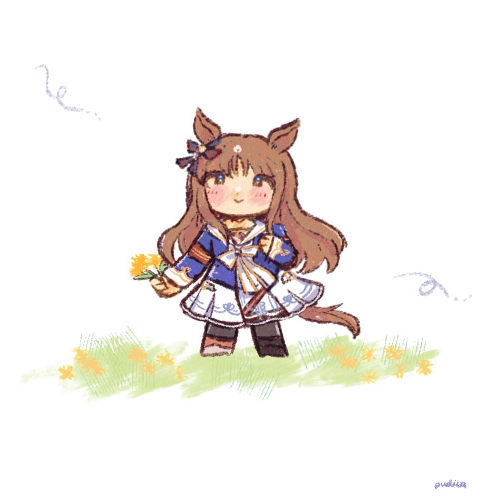 full body chibi artwork of grass wonder, from uma musume. she is standing in a field of dandelions.