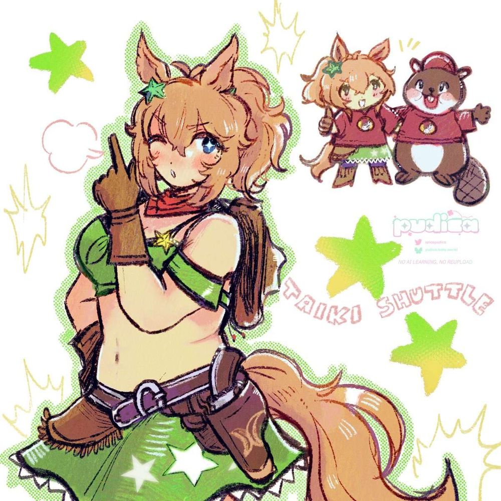 thigh up, fully colored artwork of taiki shuttle from uma musume. she's holding up a finger gun and winking at the viewer. green and yellow stars fill the background, as well as a chibi of her and Buc-ee the Beaver in Buc-ee's red shirts. she's holding up a thumb's-up as if posing for a picture excitedly.