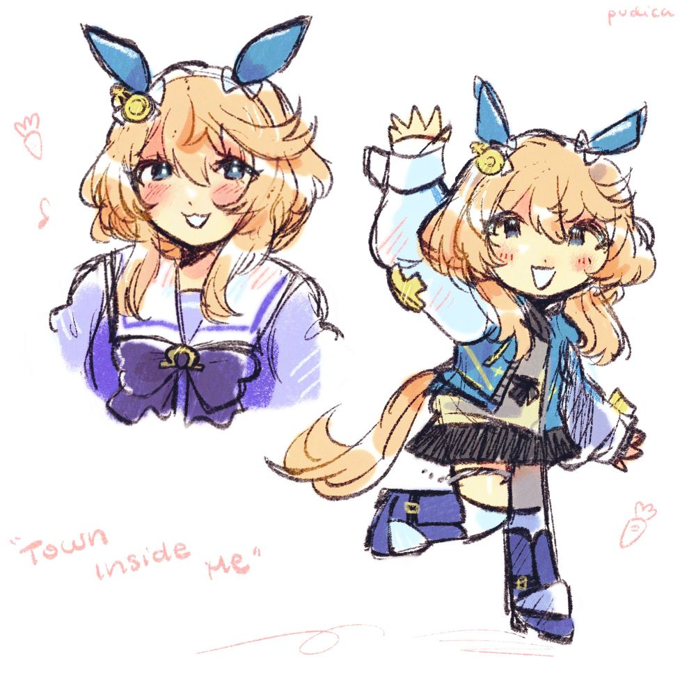 sketchpage of my interpretation of bridget from guilty gear strive, as an umamusume horse girl.  left: bust of her in the tracen academy summer uniform. right: fullbody chibi of her waving and running, in her "race outfit" (modified version of her ggst design). bottom left is her horse name "Town Inside Me"
