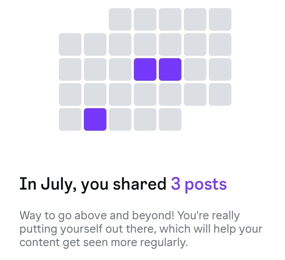 Instagram recap saying "In July, you shared 3 posts. Way to go above and beyond! You're really putting yourself out there, which will help your content get seen more regularly."