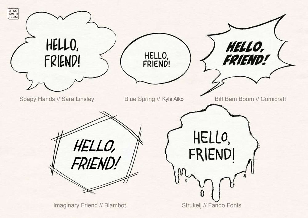 An image showing five speech balloons that say "Hello, Friend!" In different text styles/fonts and speech balloon styles
 The top left has a playful style, the top middle is neutral, and the top right shows shouting. The bottom left could be a communications/electronics style showing something like a radio or phone conversation, and the bottom right is a little sinister. The speech balloon shape drips down.


Fonts Used
Top Row, L to R
Soapy Hands by Sara Linsley
Blue Spring by Kyla Aiko
Biff Bam Boom by Comicraft/John Roshell

Bottom Row, L to R
Imaginary Friend by Blambot/Nate Piekos
Strukelj by Fando Fonts/Fernando Fuentes