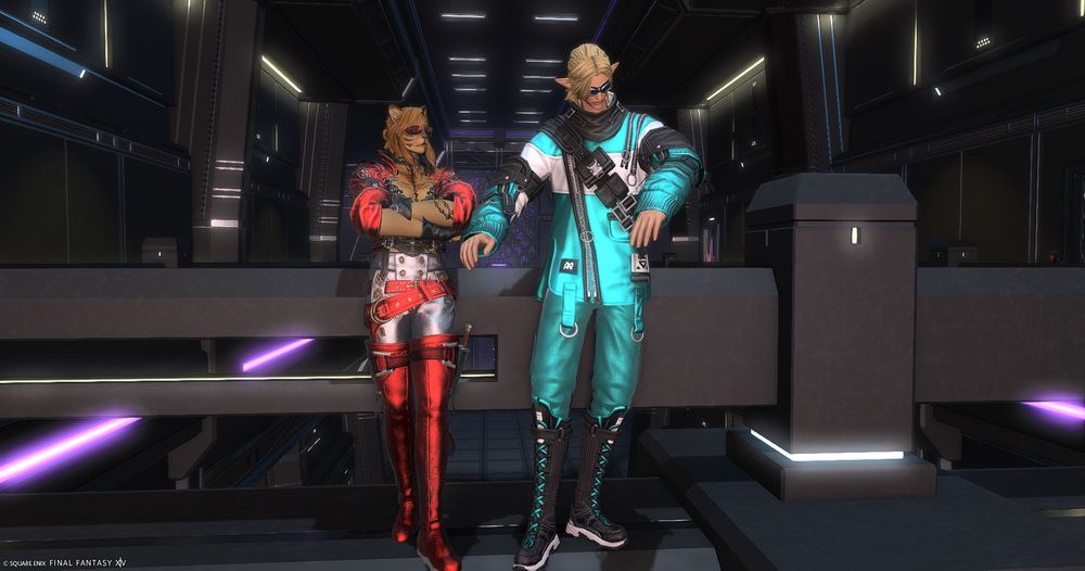 moku and steph in the s9 residential radius. moku is decked out in metalic ruby red and silver, and steph is in metallic cobalt green pvp modern fashion gear. he is examining his own outfit while moku leans back with her arms crossed
