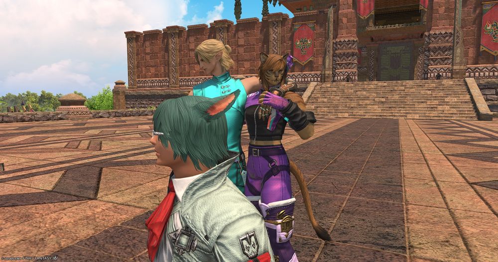 a different angle, showing moku's disquieted face more. she is holding onto steph's prosthetic hand to keep him steady. she's so thrown off by this that koana is being a goober in front of her and she isn't even looking