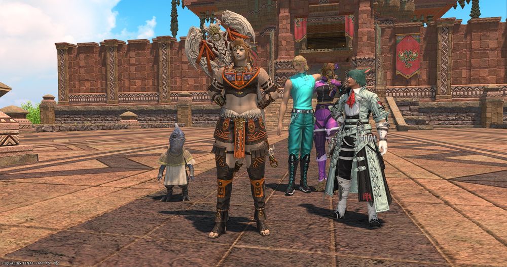 gulool ja is being shown around tuliyollal by wuk lamat and koana. steph and moku hang back just a little, with steph's prosthetic arm around moku's shoulder to help with balance
