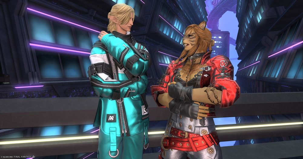 a slightly different area, steph and moku are in the same outfits. steph is holding himself with a little self-consciousness whike moku laughs at him. his hair is clearer here. it is the same main color as usual, but with medium brown highlights. it is cut shorter and he has a cute little meteor ponytail