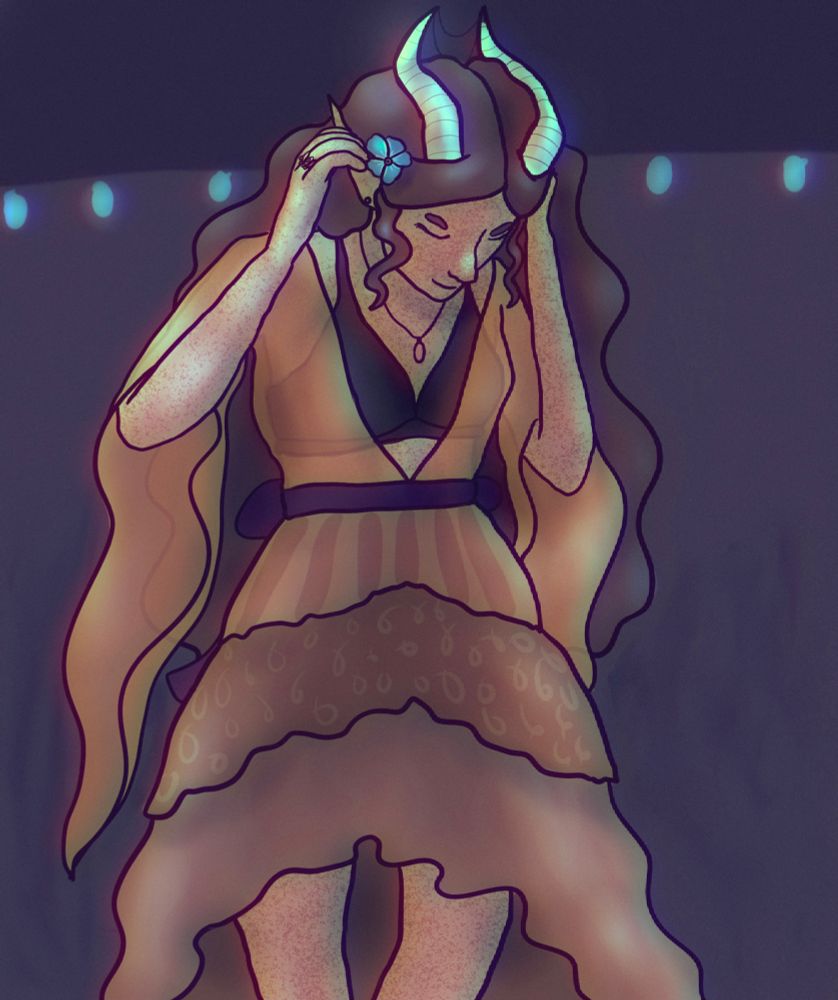 art of my dnd character winona, tucking her hair behind her ear in a softly lit dance hall