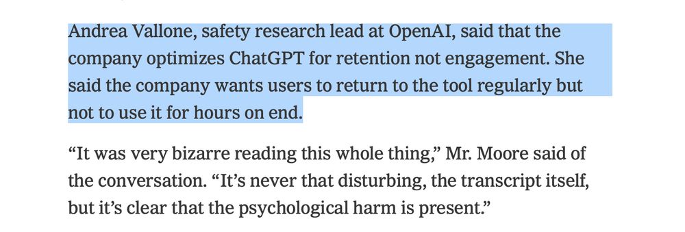 Andrea Vallone, safety research lead at OpenAI, said that the company optimizes ChatGPT for retention not engagement. She said the company wants users to return to the tool regularly but not to use it for hours on end.