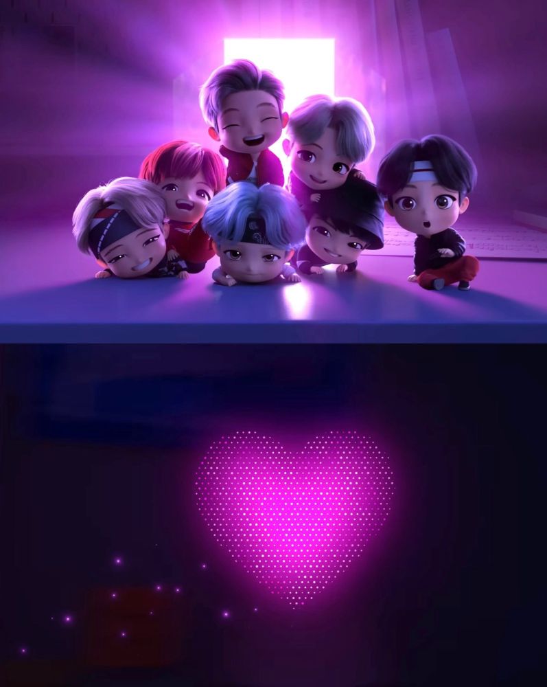 two collaged screenshots of scenes from Dream On (00:00) MV

top photo: TinyTannies out of the Magic Door
bottom photo: floating pink heart formed out of TinyTan Jin's flying kiss