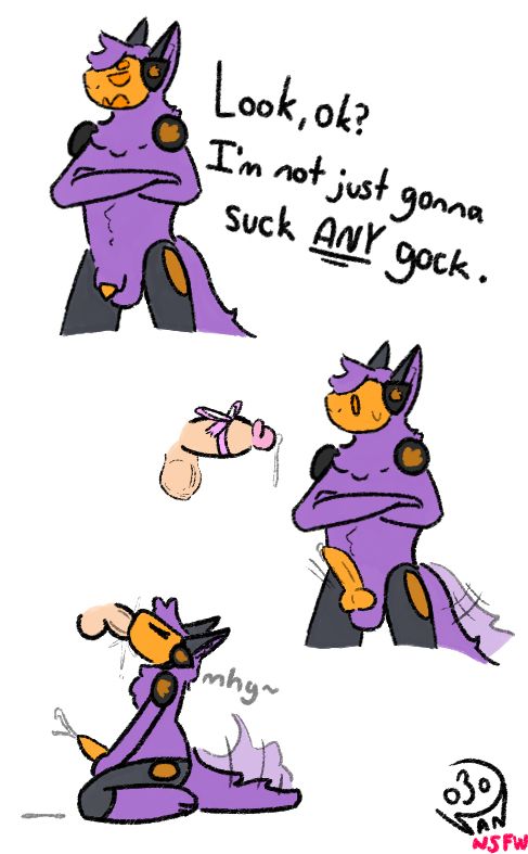 First frame: Naked, not erect Kylo says “Look, OK? I’m not just gonna suck ANY gock.” (Gock is a shortening of girl cock.)
Second frame: a pair disembodied penis and  balls with a bow tie is brought into Kylo’s vision. Kylo stares at the gock and immediately gets erect. His tail starts wagging.
Third frame: Kylo is on his knees on the floor. He is sucking the penis with his mouth. Kylo makes a “mhg~” moaning sound while his tail still wags. Kylo’s erect penis starts cumming onto the floor.