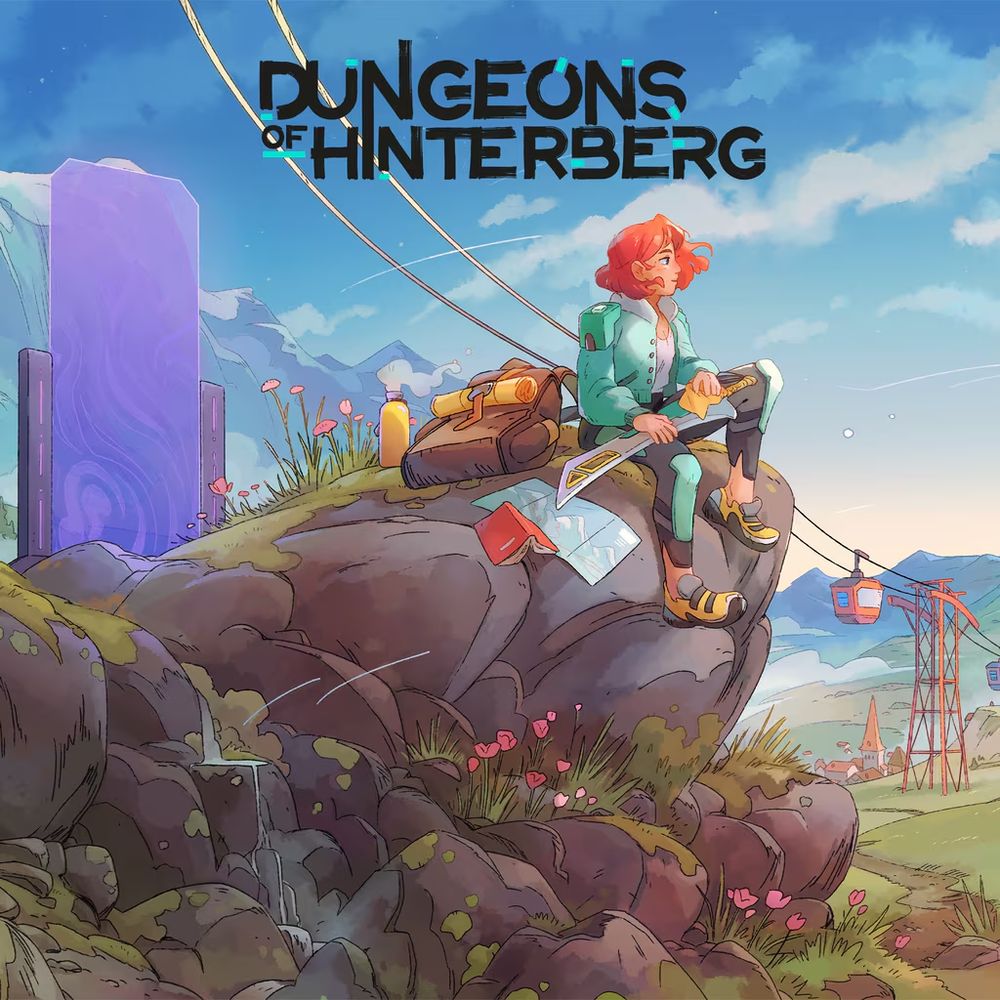 Luisa sitting on a rock outcropping, sword in hand with a map and journal laid out beside her.  A lift system is in the background as is a dungeon gate.