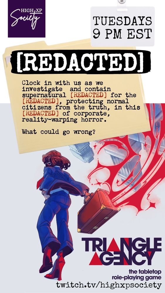 REDACTED, a triangle agency series. all secret video feeds air on Tuesday on twitch.tv/HighXPSociety at 9PM, humanoid femme presenting figure carrying a briefcase over a white background