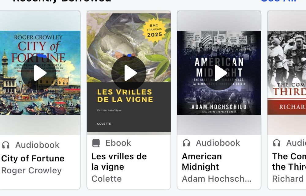 Audio books: “City of Fortune”, Roger Crowley;”American Midnight”,Adam Hochshild”; “The coming of the third reich”, Richard J. Evans. One ebook:”Les vrilles de la vigne”, Colette. 