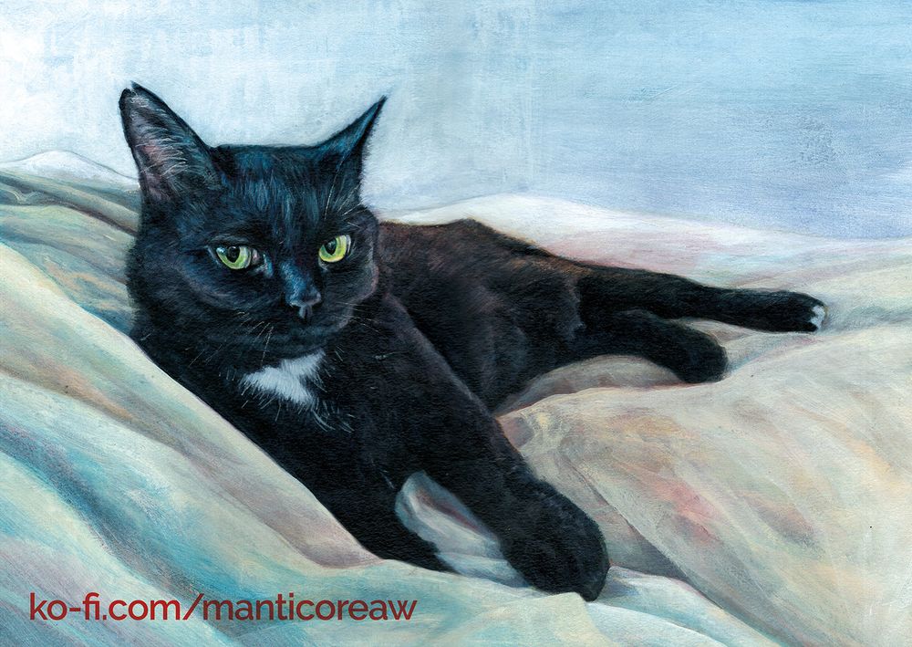 A black cat with green eys lounges on a white bed