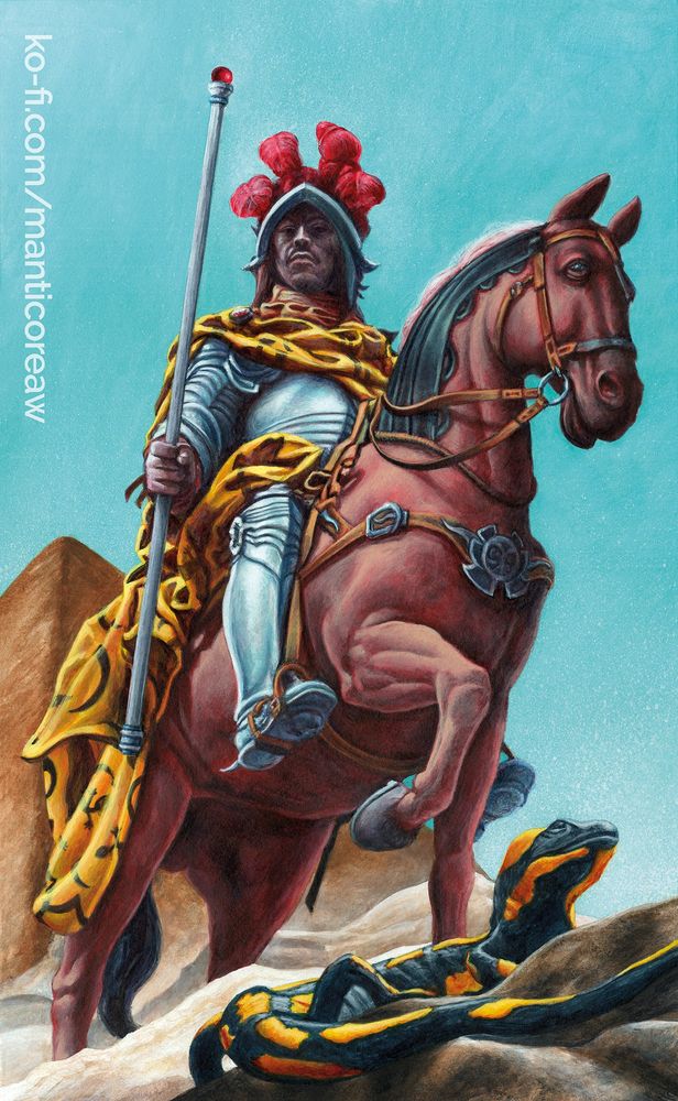 Knight of Wands Tarot: An armoured Knight on horseback holding a long wand, wearing a golden robe with a salamander pattern & red feathers on his helmet. In the foreground, a Salamander. In the background, some pyramids and a bright blue sky.