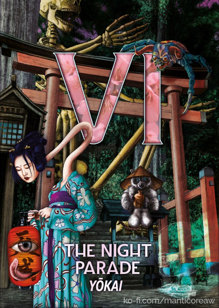 Chapter 6: The Night Parade - Yokai. Clockwise from bottom left - A Rokurokubi Geisha girl with a long snake neck holds a Chochin, background a huge skeleton Gashadokuro sits on the steps, a Ushi-Oni is atop the VI/gate, a Tanuki sits on a well roof, and a Betobetosan ghost stands. In the background, a forest with huge trees.