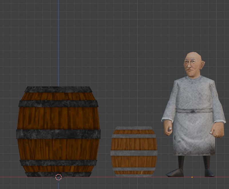 An editor shot from the upcoming co-op kaiju horror cooking game from Strange Scaffold featuring a monk character & two barrels