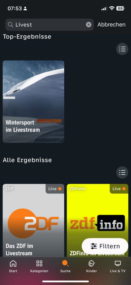 Screenshot Suchergebnisse ZDF App