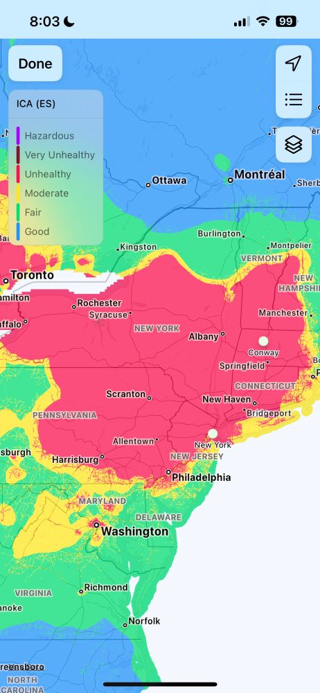 Map of the US eastern seaboard centered around NYC colored to represent air quality using the Spain scale (ICA). Around NYC It’s mostly very bright red with some yellow on the edges- indicating substantial and unhealthy pollution.