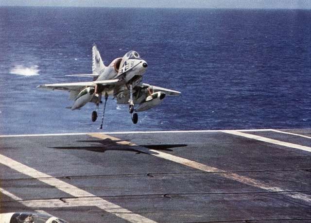 A-4 Skyhawk about to land on a carrier .