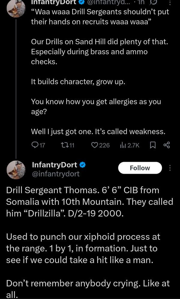 infantrydork claiming drills laying hands on recruits builds character, including literally punching them in the stomach for fun .