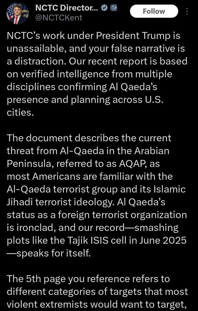 Joe Kent's official NCTC account being less crazy .