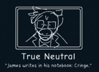 brief sketch of a kobold in the 'true neutral' position. the statement below reads "James writes in his notebook: Cringe."