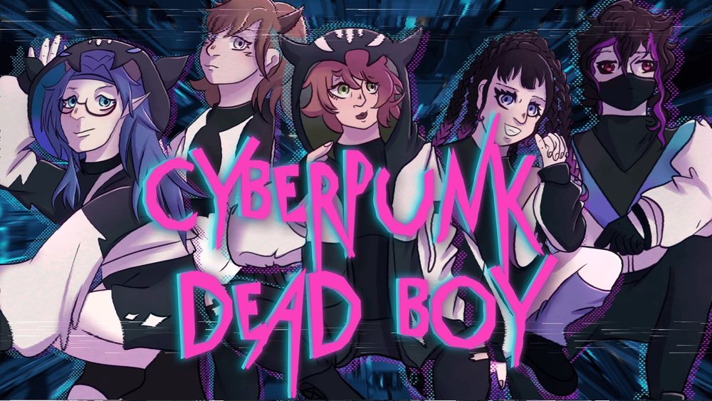 Edgy, glowing neon pink text with a neon cyan drop shadow that reads "Cyberpunk Dead Boy" on top of a group of 5 people in matching black, blue, and white techwear clothes. The background is greatly obscured, but appears to be a blocky blue tube. The entire image has a subtle glitch effect over it, with small white static lines.