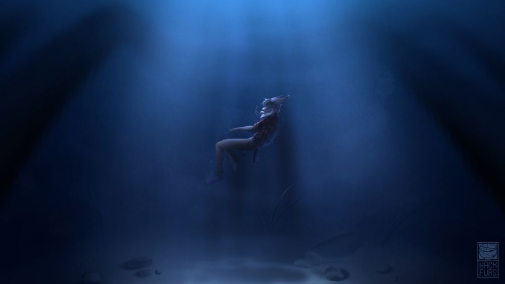 TJ Hess, a lynx from the Echo visual novel, floats mid-frame in a dark body of water. He's wearing a flannel shirt and khaki slacks. The bottom of the body of water is visible, showing scattered rocks and some light foliage.