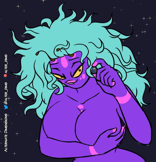 A buxom, messy haired alien is holding planet Earth between her fingers. It looks smaller than a cherry to her. She's also holding her chest up and biting her lower lip.