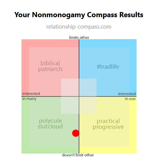 A non monogamy compass chart where i am towards the edge of interested in one and many but doesnt limit other
