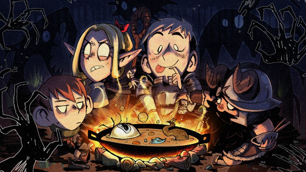 dungeon meshi characters in the style of the game Dont Starve Together, enjoying a meal made out of monster parts