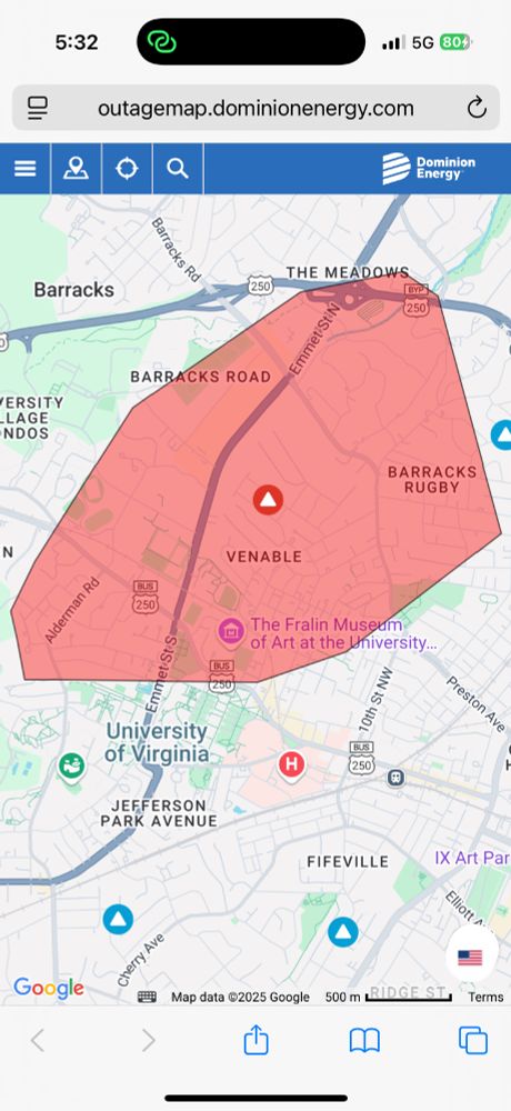 Dominion outage map showing Brazos at Barracks and about 3000 more folks are without power.